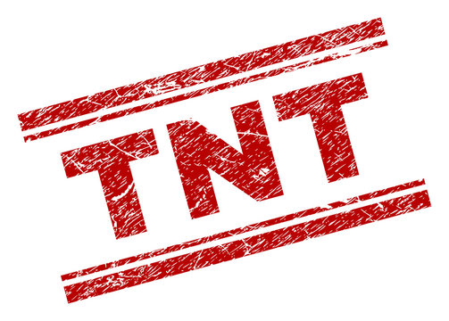 TNT seal print with grunge texture. Red vector rubber print of TNT text with grunge texture. Text caption is placed between double parallel lines.
