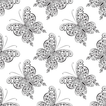 Scrollwork Butterfly Seamless Pattern, Vector Background