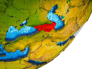 Caucasus region on 3D model of Earth with water and divided countries.