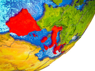 Southern Europe on 3D model of Earth with water and divided countries.