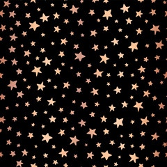 Seamless Handdrawn stars copper foil on black vector background. Pattern for Christmas and celebrations. Hand drawn rose gold stars for gift wrapping paper, greeting cards, wallpaper, posters, banners