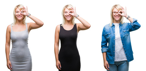 Collage of beautiful blonde woman over isolated background doing ok gesture with hand smiling, eye looking through fingers with happy face.