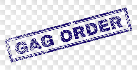 GAG ORDER stamp seal imprint with rubber print style and double framed rectangle shape. Stamp is placed on a transparent background. Blue vector rubber print of GAG ORDER caption with dust texture.