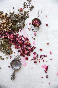 Dried herbs and rose blossoms for herbal tea