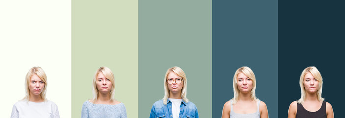 Collage of beautiful blonde woman over green vintage isolated background skeptic and nervous, frowning upset because of problem. Negative person.
