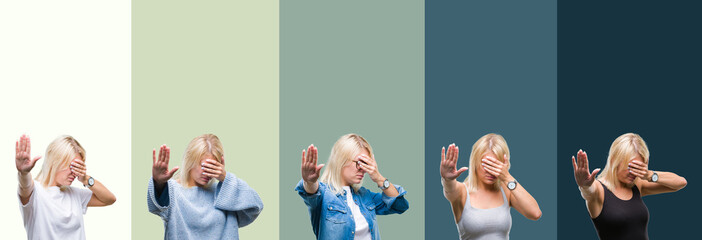Obraz premium Collage of beautiful blonde woman over green vintage isolated background covering eyes with hands and doing stop gesture with sad and fear expression. Embarrassed and negative concept.
