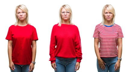 Obraz premium Collage of beautiful blonde woman wearing casual red over isolated background skeptic and nervous, frowning upset because of problem. Negative person.