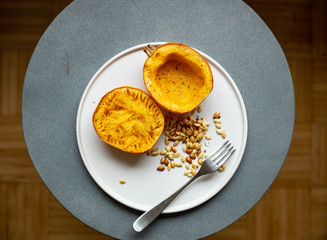 Roasted Spaghetti Squash with Garlic Herb Butter directly above with copy space