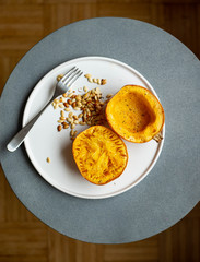 Roasted Spaghetti Squash with Garlic Herb Butter directly above with copy space