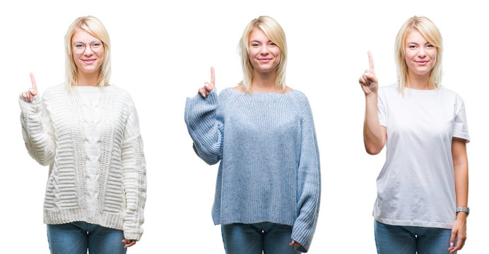 Collage of beautiful blonde woman wearing winter sweater over isolated background showing and pointing up with finger number one while smiling confident and happy.