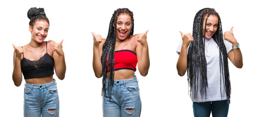 Collage of beautiful braided hair african american woman with birth mark over isolated background success sign doing positive gesture with hand, thumbs up smiling and happy. Looking at the camera