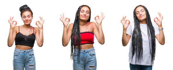 Collage of beautiful braided hair african american woman with birth mark over isolated background relax and smiling with eyes closed doing meditation gesture with fingers. Yoga concept.