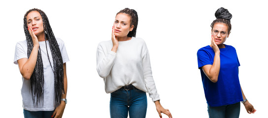 Collage of beautiful braided hair african american woman over isolated background touching mouth with hand with painful expression because of toothache or dental illness on teeth. Dentist concept.