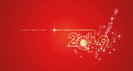 New Year 2019 line design gold clock sparkle firework champagne white red vector