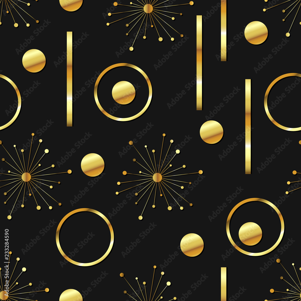 Wall mural Vector seamless abstract background with gold foiled elements on black background. Beautiful repeating pattern with geometric shapes. Chic and luxury endless wallpaper with abstract gold objects.