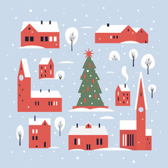 Fototapeta na wymiar Urban winter landscape with beautiful various buildings, towers and New Year's fir. Small cute town, decorated for the New Year holidays in snow. Christmas picture. Vector colorful illustration.