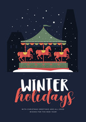 Greeting card with the image of a festive carousel with horses in snowy evening city. Decorative composition perfect for Christmas and New Year cards, posters. Vector colorful illustration. © KOSIM