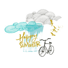 Happy summer card with clouds and bicycle 