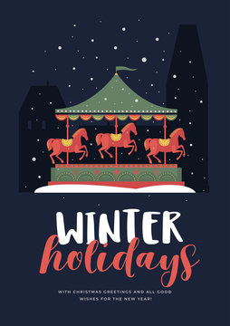 Greeting card with the image of a festive carousel with horses in snowy evening city. Decorative composition perfect for Christmas and New Year cards, posters. Vector colorful illustration.