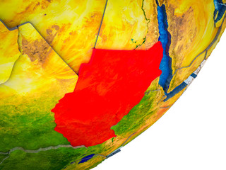 Former Sudan on 3D model of Earth with water and divided countries.