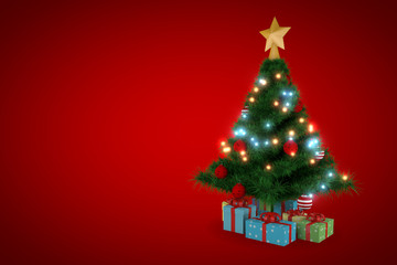 3d rendering, christmas tree with red background