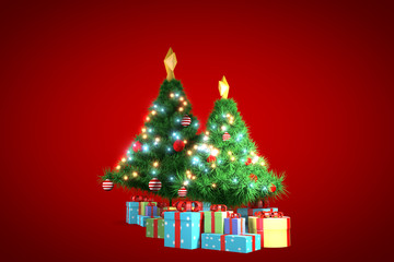3d rendering, christmas tree with red background