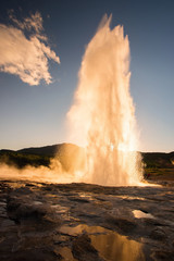 Strokkur is a fountain geyser located in a geothermal area in Iceland, during an eruption, erupting once every 6–10 minutes, its usual height is 15–20m