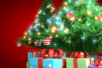 3d rendering, christmas tree with red background