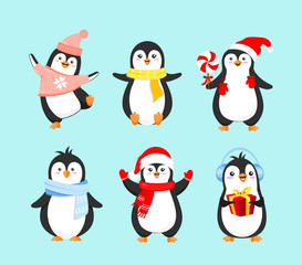 Vector illustration set of cute penguins in winter clothes. Merry Christmas concept, happy New Year and winter holidays. Penguins collection on light blue background in cartoon flat style.