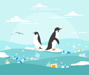 Obraz premium Vector illustration concept of ocean pollution with plastic waste. Penguins on the small piece of ice and lot of waste around in the water. Environmental protection concept in flat style.