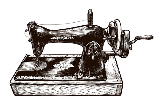 Sewing machine, sketch. Sewing workshop. Vintage vector illustration