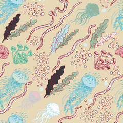 Hand drawn seamless vector background with with sea plants, air bubbles and jellyfish.