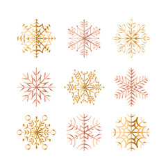 Vector illustration set of golden snowflakes on white background. Snowflakes collection in golden and rose gold colors for your design.