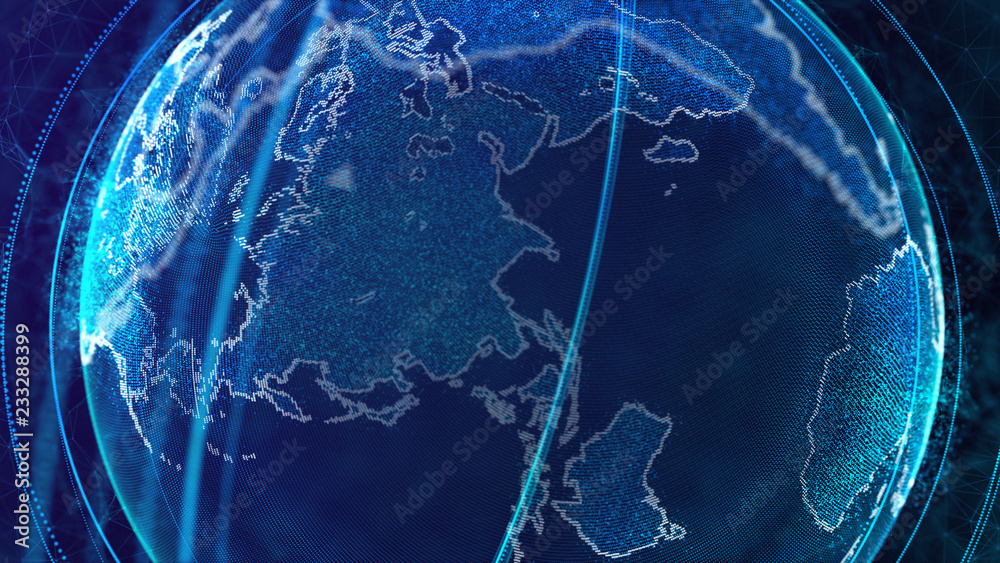 Fototapete Global network connection. World map point. Representing the global. Network connection. 3D rendering.