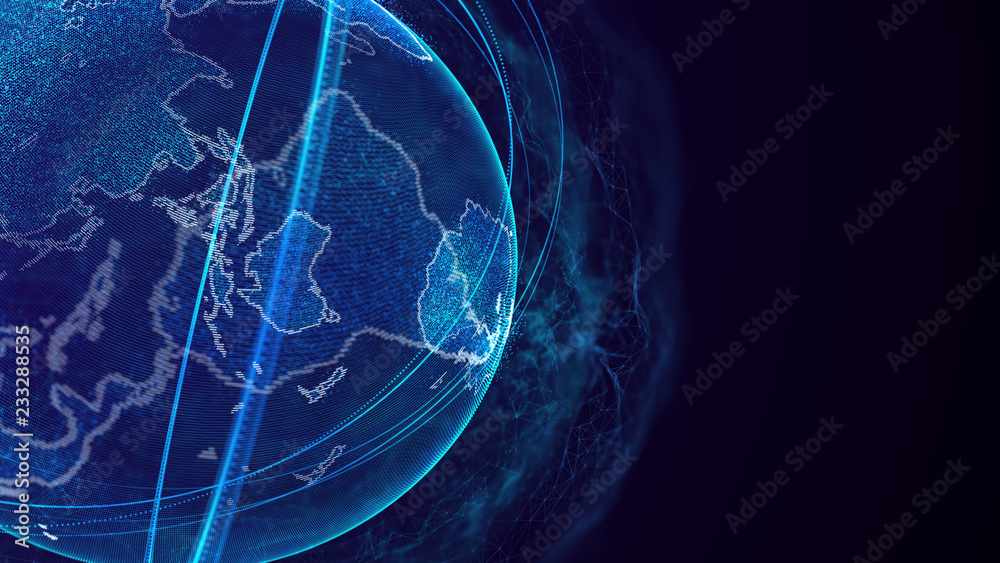 Poster Global network connection. World map point. Representing the global. Network connection. 3D rendering.