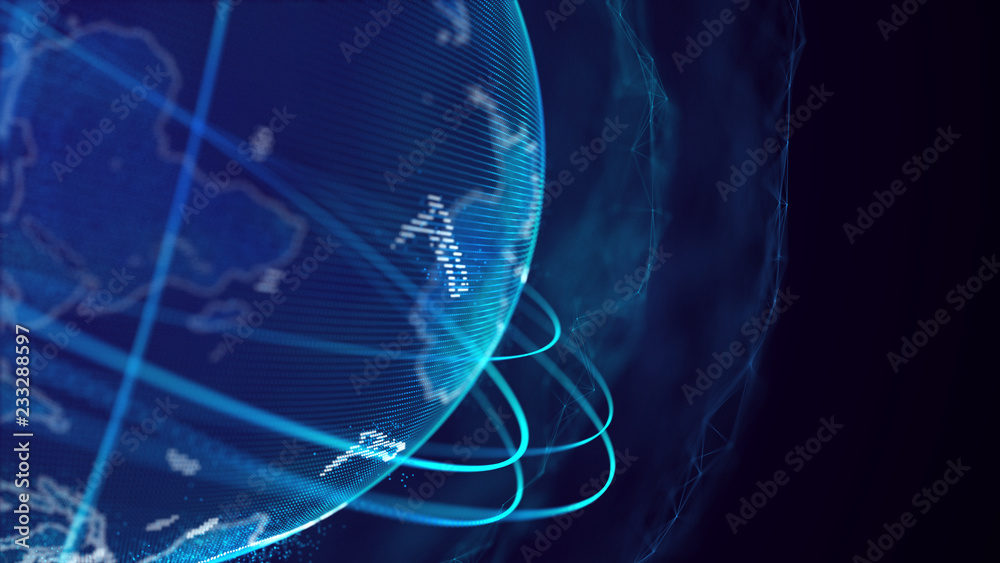 Fototapete Global network connection. World map point. Representing the global. Network connection. 3D rendering.