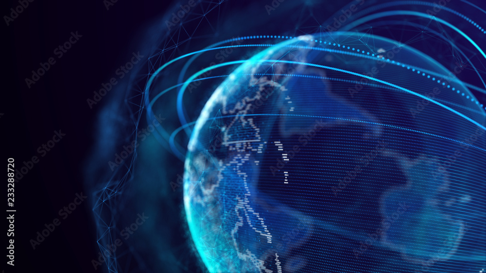 Fototapete Global network connection. World map point. Representing the global. Network connection. 3D rendering.
