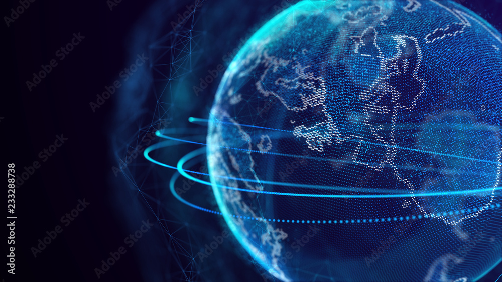 Poster Global network connection. World map point. Representing the global. Network connection. 3D rendering.