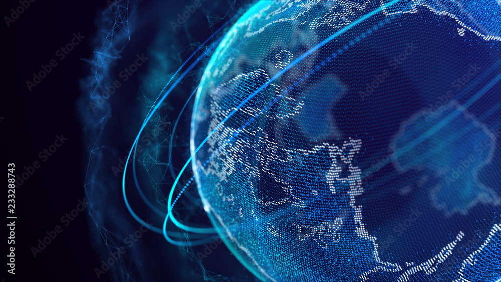 Poster Global network connection. World map point. Representing the global. Network connection. 3D rendering.