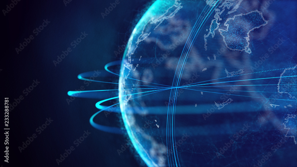 Poster Global network connection. World map point. Representing the global. Network connection. 3D rendering.