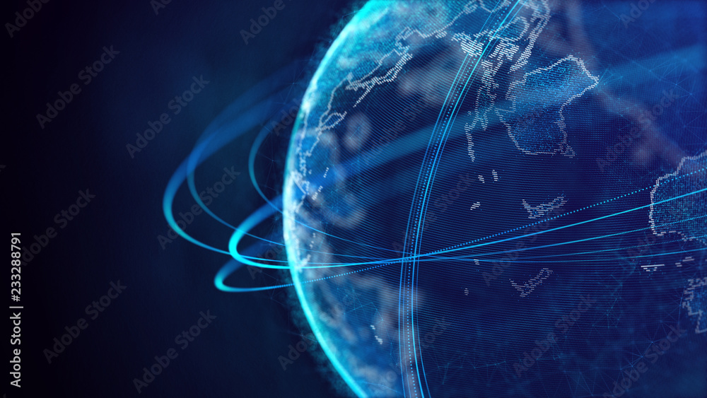 Fototapete Global network connection. World map point. Representing the global. Network connection. 3D rendering.
