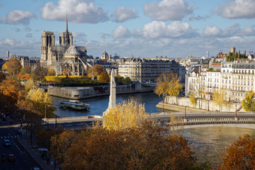 Paris, France - November 13, 2018: Notre Dame de Paris viewed from rooftop of Institut du Monde Arabe