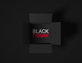 Black Friday banner. Top view on realistic black box isolated on dark background. Vector