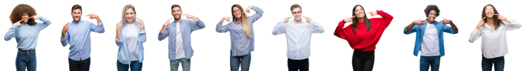 Composition of african american, hispanic and caucasian group of people over isolated white background smiling confident showing and pointing with fingers teeth and mouth. Health concept.