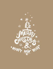 Merry Christmas & Happy New Year! Christmas tree and stars. White stamp vector template for the New Year design.