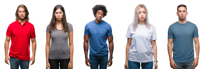 Composition of african american, hispanic and caucasian group of people over isolated white background depressed and worry for distress, crying angry and afraid. Sad expression.