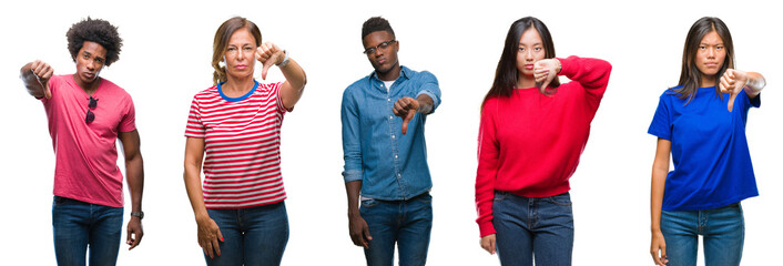 Composition of african american, hispanic and chinese group of people over isolated white background looking unhappy and angry showing rejection and negative with thumbs down gesture. Bad expression.