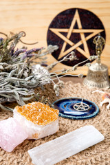 Witch Altar decorations - with pentacle, herbs and crystals