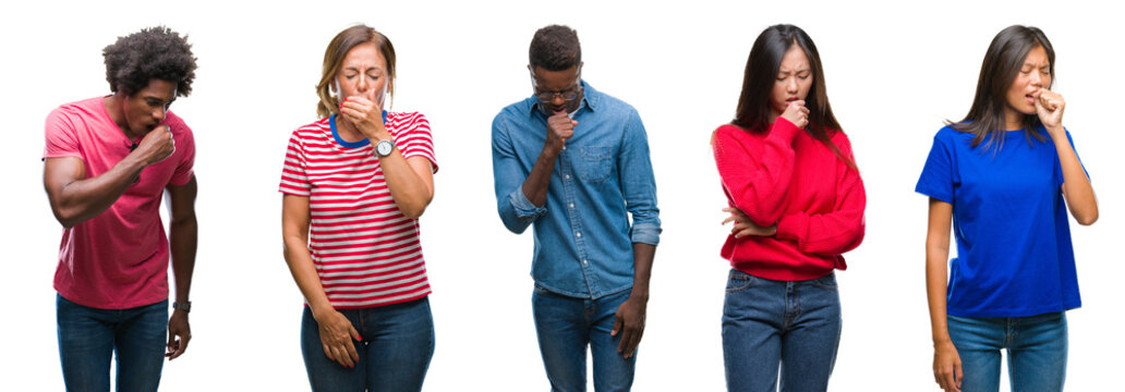 Composition Of African American, Hispanic And Chinese Group Of People Over Isolated White Background Feeling Unwell And Coughing As Symptom For Cold Or Bronchitis. Healthcare Concept.