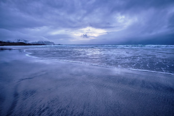 Skagsanden beach on sunset, Lofoten islands, Norway
